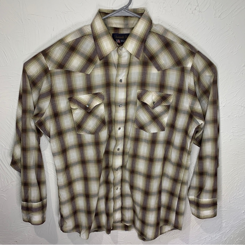 Vintage Panhandle Slim Long Sleeve Pearl Snap Plaid Shirt XL 17x36 Made in USA